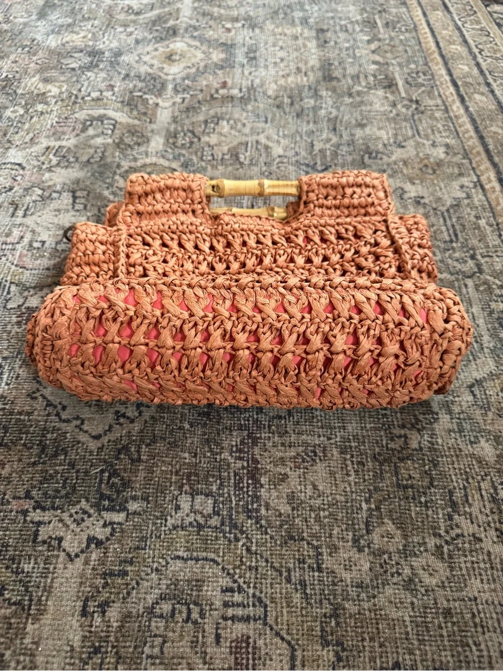 FREE PEOPLE Woven Orange Straw Clutch Bag Bamboo Handles - Picture 3 of 8